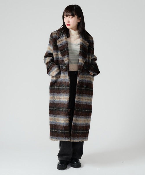 セール】Shaggy Fake Wool Double Breasted Check Coat / シャギー