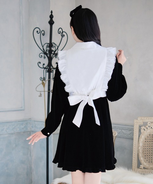 Honey Cinnamon ベロアリボン配色ヨークワンピース ブラック honey