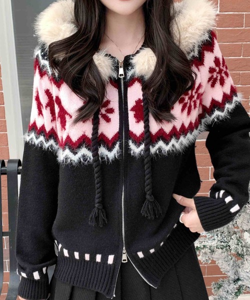セール】ファーフード付き ノルディック柄ニットジップブルゾン