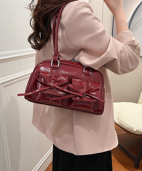 セール】外ポケット紐リボン ショルダーバッグ/ボストンバッグ