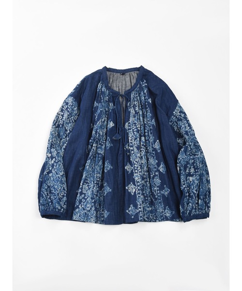 45rpm 二重織抜染プリントのギャザーブラウスインディゴ