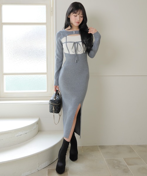 セール】デコルテオープンバイカラーリボンニットワンピース