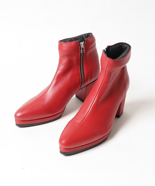 セール】LEATHER HEEL BOOTS RED/ レザーヒールブーツ レッド（ブーツ