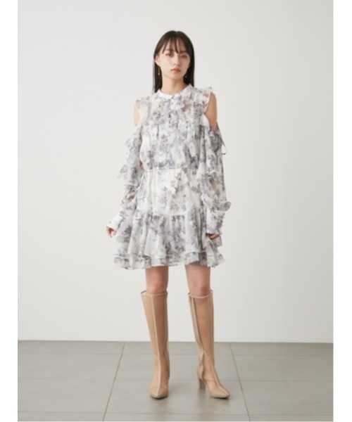 SNIDEL（スナイデル）の「プリントフリルシフォンミニワンピース
