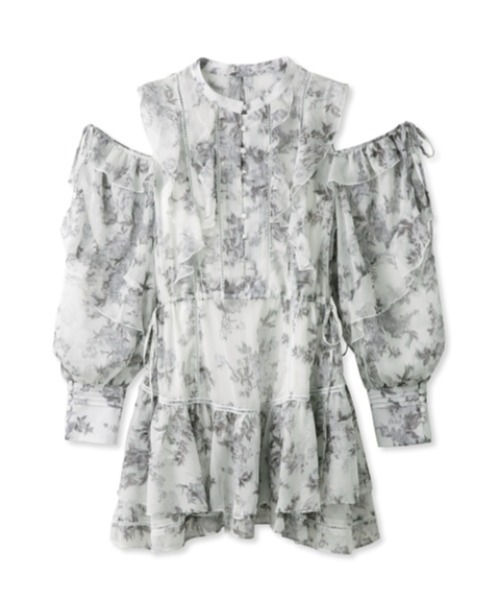 SNIDEL（スナイデル）の「プリントフリルシフォンミニワンピース