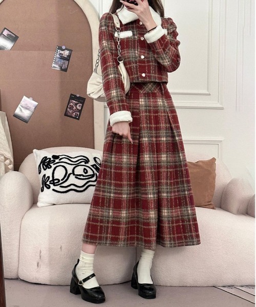 Y2K 【セットアップ】チェック柄中棉 ジャケット×チェックプリーツ