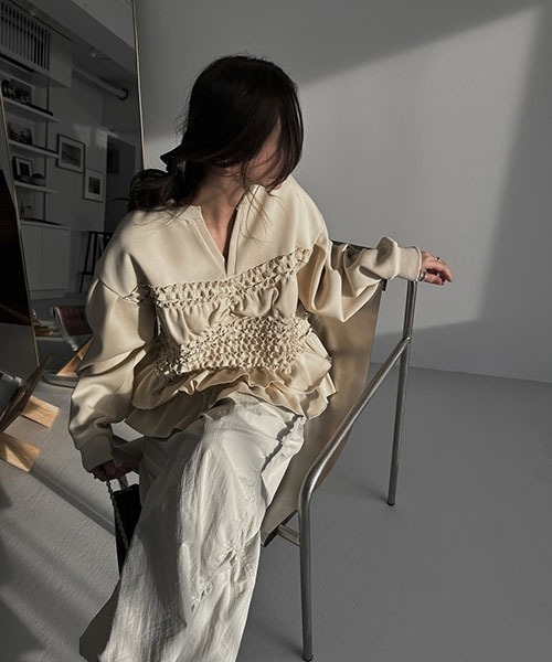 stair gather frill keyneck sweat スウェット stair gather frill