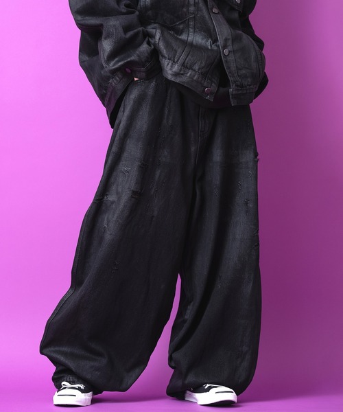 セール】a.p.o.v. ダメージコーティングブラックデニムパンツ（デニム