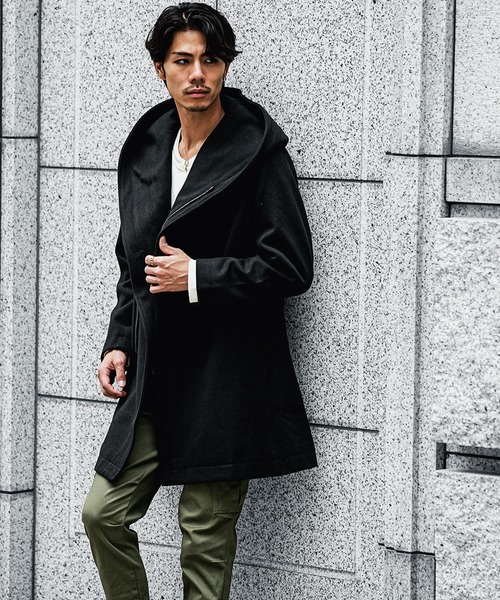 ボリュームネックコート メンズ ロング丈 コート フード付き コート 春