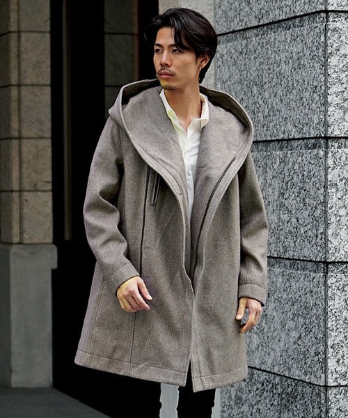 ボリュームネックコート メンズ ロング丈 コート フード付き コート 春