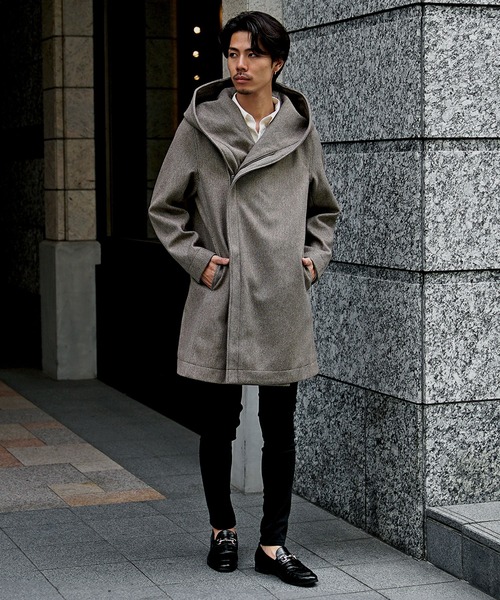 ボリュームネックコート メンズ ロング丈 コート フード付き コート 春