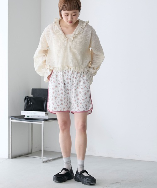 forksy.】【セットアップ対応】小花柄ワッフルパイピングショート