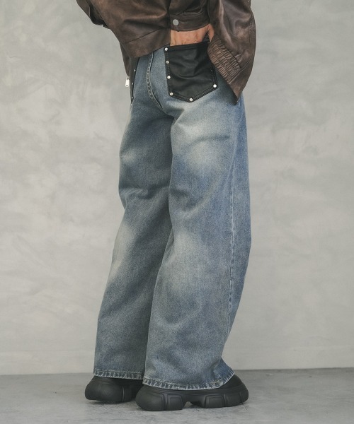 セール】Wide straight back pocket synthetic leather switching