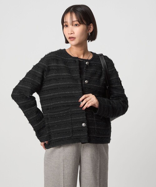 セール】ミックスツイードライク ノーカラー ニット カーディガン