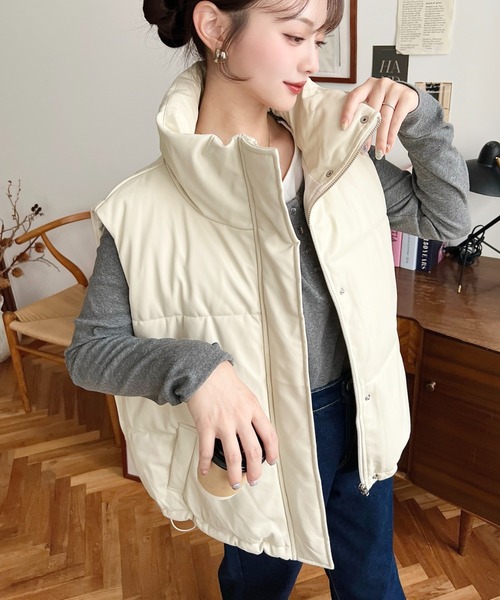 Denime レザー切り替えボアダウンベスト ネイビー✖️ベージュ Denime