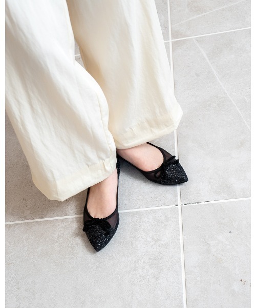 ポインテッドトゥ チュール フラットバレエシューズ（バレエシューズ