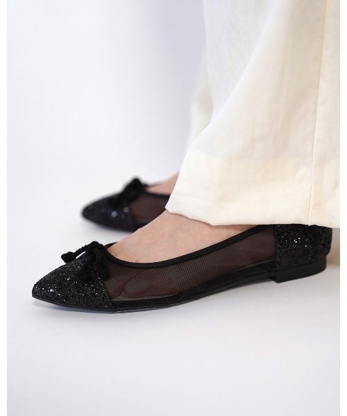 ポインテッドトゥ チュール フラットバレエシューズ（バレエシューズ