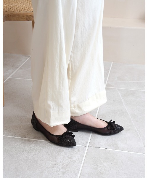 ポインテッドトゥ チュール フラットバレエシューズ（バレエシューズ