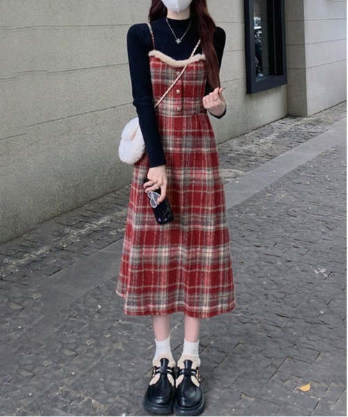 セール】チェック柄スイッチングロングキャミワンピース（ワンピース