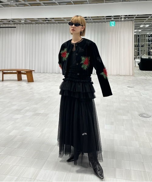 Ameri（アメリ）の「BLACK TULLE RAFFLE CAMI TOP（その他トップス