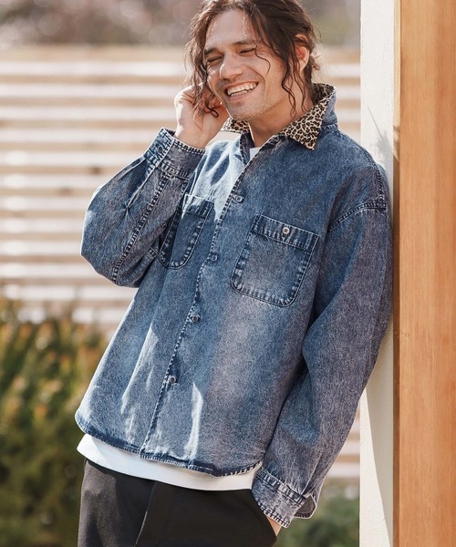 ms6023-レオパード襟切替ケミカルウォッシュ加工デニムシャツ（シャツ