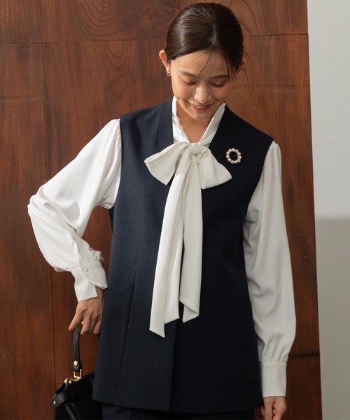 web限定】3点セット/ジレ×テーパードパンツ×ボウタイブラウス