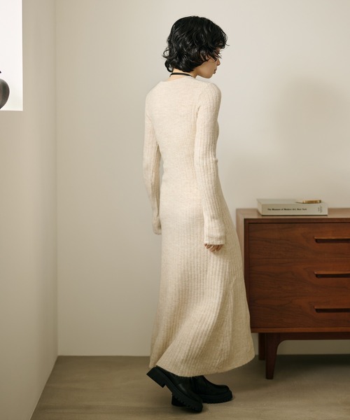 henley neck long rib dress /ヘンリーネック ロング リブ ワンピース