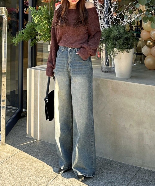 セール】【新色追加】ボリュームスリーブシャギーオフショルニット