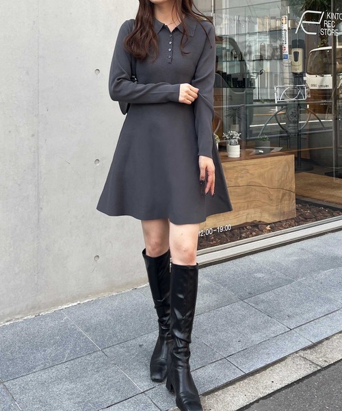 セール】襟付きヘンリーネックペプラムニットミニワンピース
