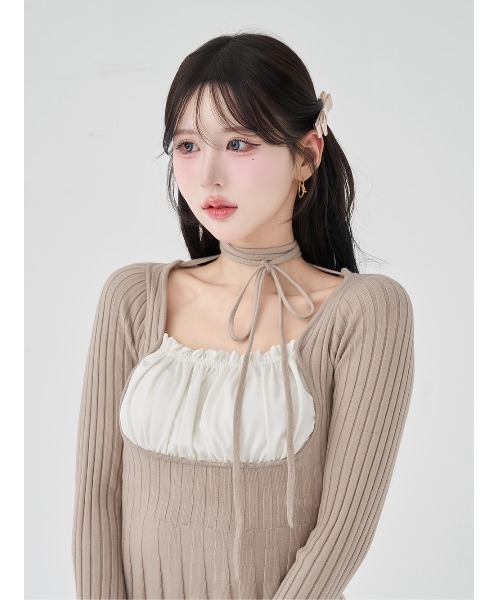 ネックリボンデザインフレアニットミニワンピース（ワンピース