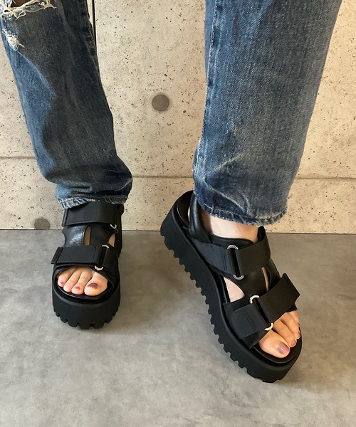 本革/厚底/6cm】キャタピラーソール ベルクロサンダル ALL BLACK