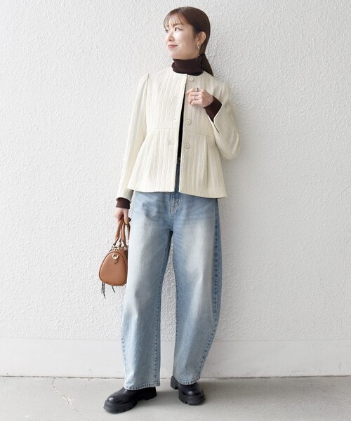 SHIPS any:〈手洗い可能〉ジャカード ノーカラー ペプラム ジャケット