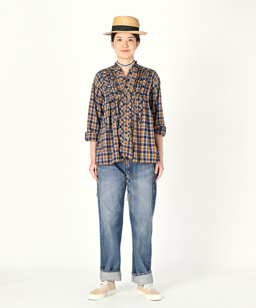 美品✨ 45R インド麦平のマドラスフリルカシュクールブラウス マドラス