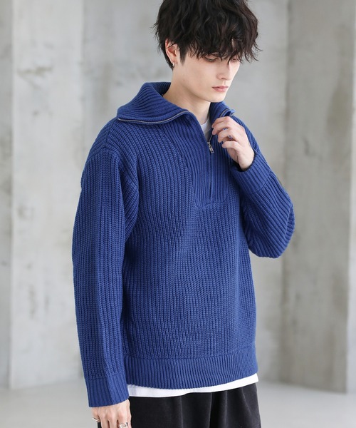 セール】ビッグシルエット畦編みハーフジップニット（ニット/セーター