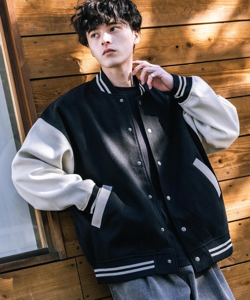 オーバーサイズテックメルトン/PUレザー切替スタジャン（スタジャン