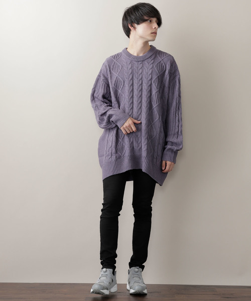 ビッグシルエットアラン編みクルーネックケーブルニットセーター MONO