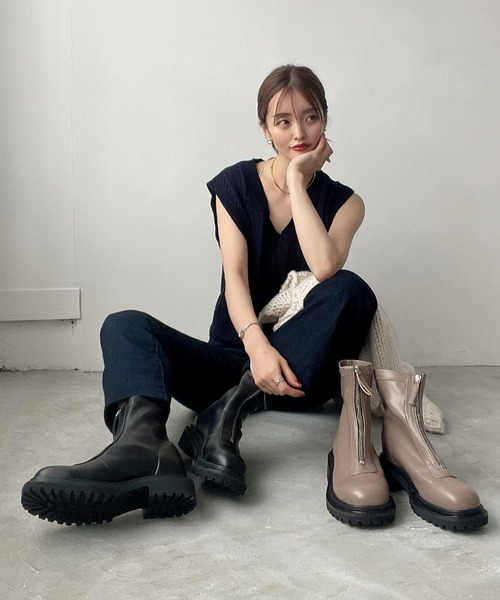 セール】ZOZO限定 厚底 フロントジップ ストレッチ ブーツ 21393