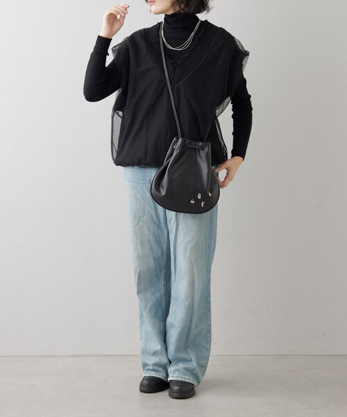 セール】《軽量290g/本革/2way》カフェパーツチャーム付き巾着バッグ