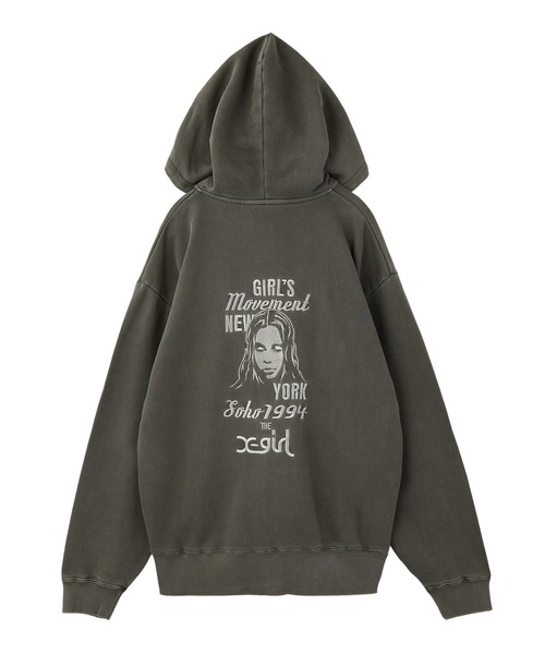 X-girl（エックスガール）の「MIX LOGO & FACE FADED ZIP UP SWEAT