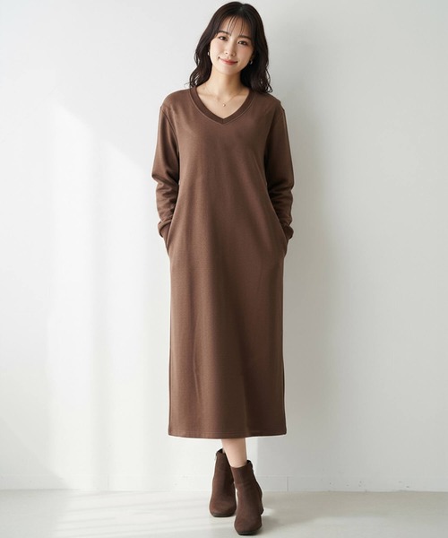 セール】ワンピース 裏起毛 長袖 ロング ミモレ丈ワンピース 裏起毛