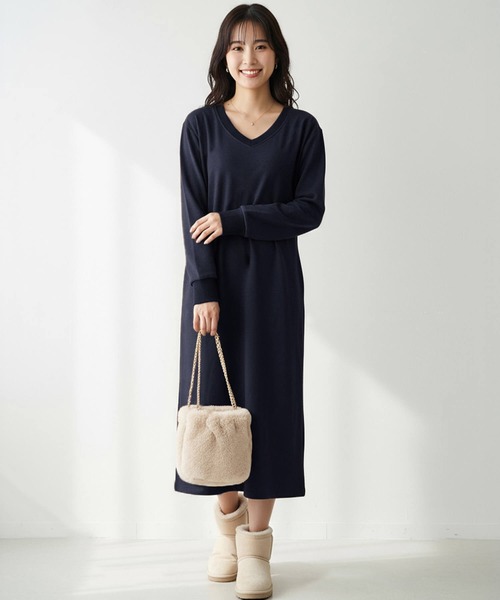 セール】ワンピース 裏起毛 長袖 ロング ミモレ丈ワンピース 裏起毛