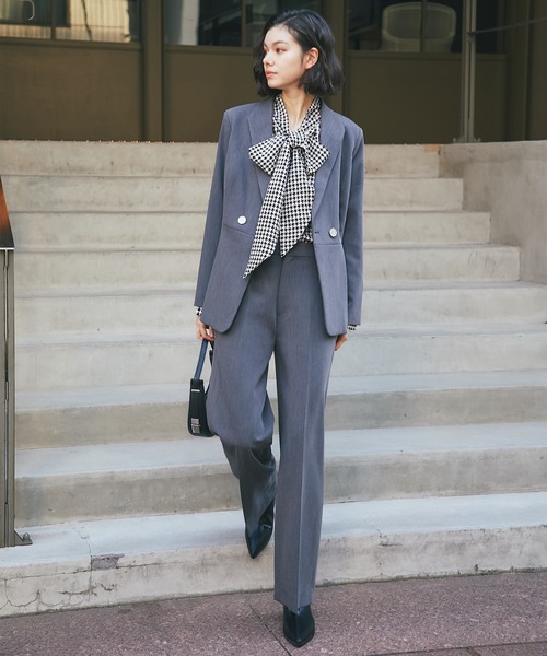 セール】プリーツ裾ペプラムジャケット＆ワイドパンツセットアップ