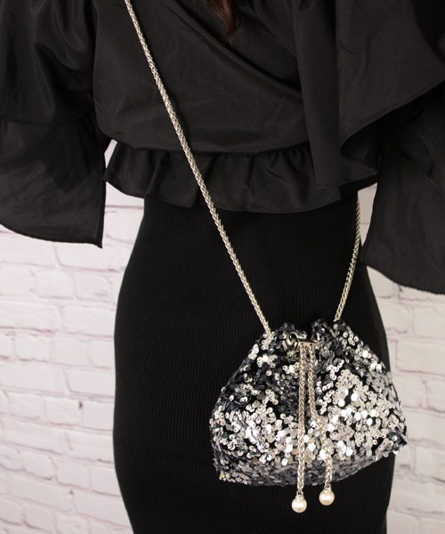 float】キラキラ スパンコール シルバーチェーン ショルダーバッグ