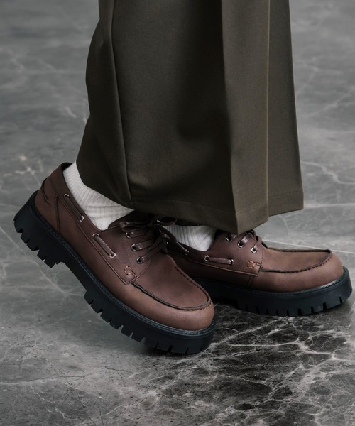 フェイクレザー厚底モカシンボートシューズ/デッキシューズ（モカシン