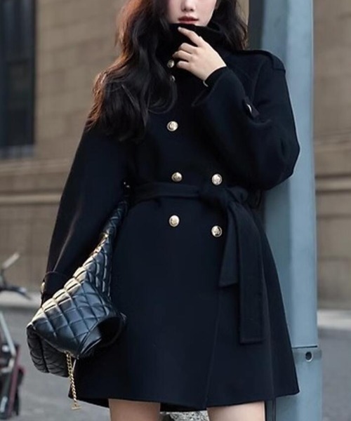 ダブルブレストベルト付きミドルレングスコート（ピーコート