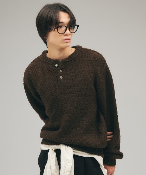 セール】Heavy Pique Henry Neck Knit / 鬼鹿の子ヘンリーネックニット
