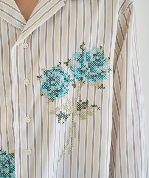 flower embroidery cut off stripe l/s shirt / クロスステッチ花刺繍