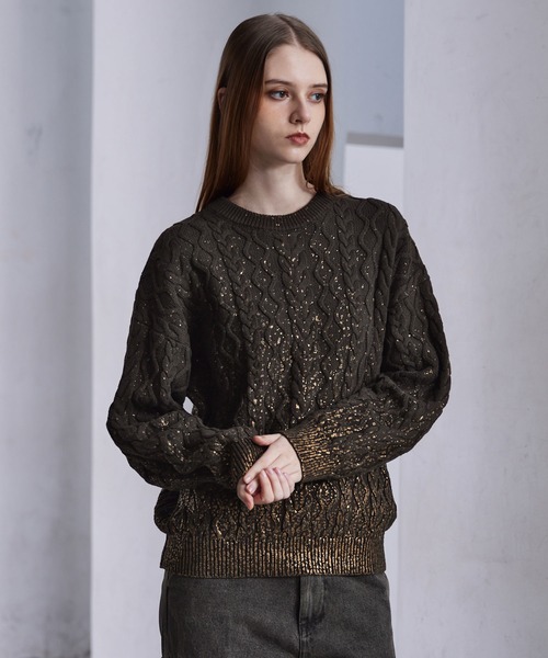 CLEL】Foil Print Cable Crew Neck Knit / 箔プリント ケーブルクルー