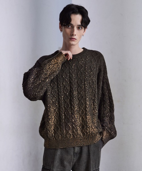 CLEL】Foil Print Cable Crew Neck Knit / 箔プリント ケーブルクルー