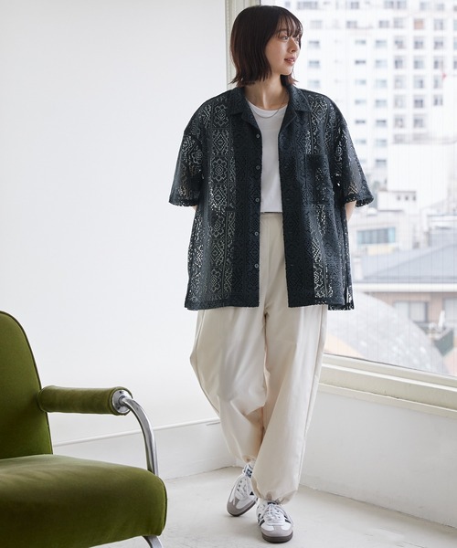 シアーレースジャガード ルーズシルエットオープンカラーシャツ MONO